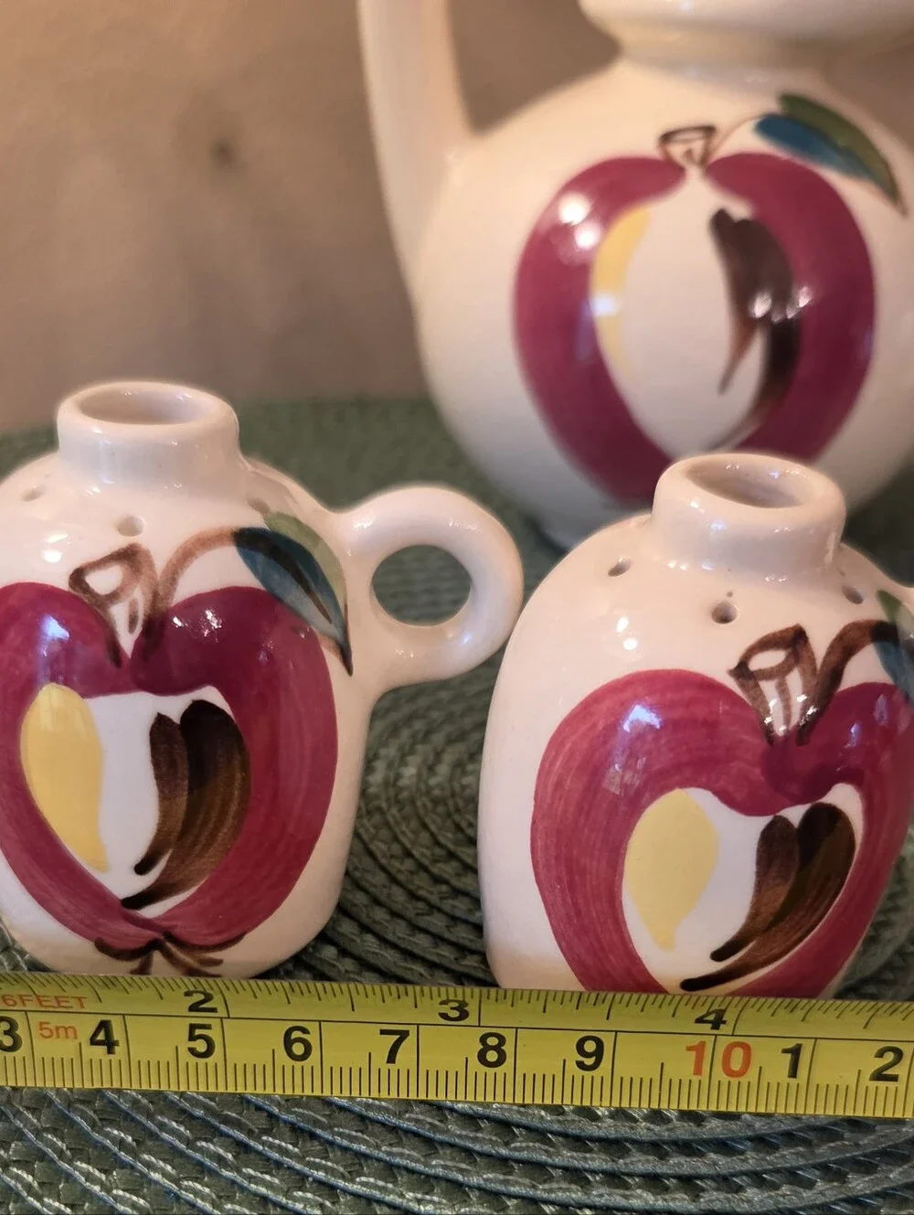 3 Pc Set Vtg Puritan Pottery Apple Honey Jug Salt & Pepper 1940's Kitchen Retro